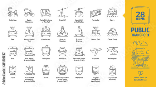 Public transport outline icon set with urban, inter city, international and travel passenger vehicle editable stroke line signs: bus, van, car, train, aircraft, ship, bike, metro, taxi, road & traffic