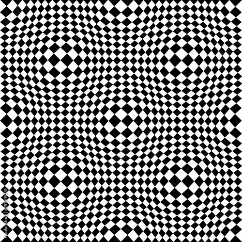 Checkered seamless pattern with optical illusion of spherical volume, black and white geometric abstract background, chess board 3D effect op art.