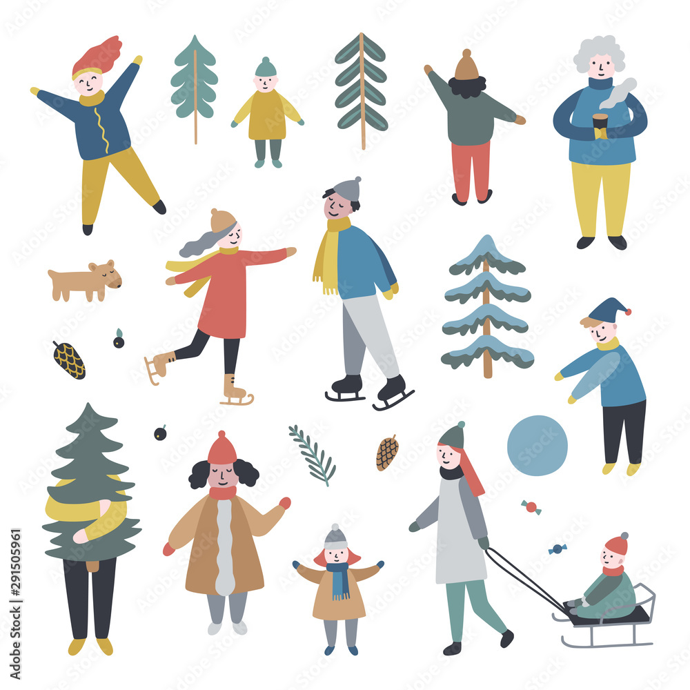 Cute vector people in winter clothes on white background. Happy family celebration seasonal holidays. Kids, boys, girls. women and men illustrations