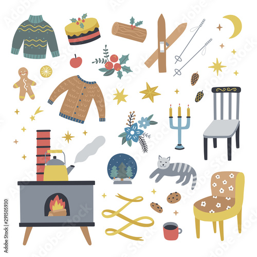 Hygge winter elements on white background. Cute vector illustrations for Christmas and New Year. Home decorations, clothes and objects