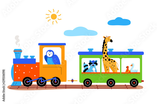 Cute animals on a train flat vector illustration
