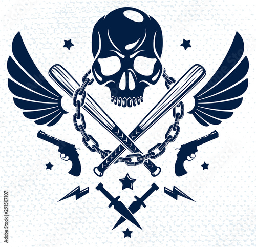 Criminal tattoo ,gang emblem or logo with aggressive skull baseball bats and other weapons and design elements, vector, bandit ghetto vintage style, gangster anarchy or mafia theme.