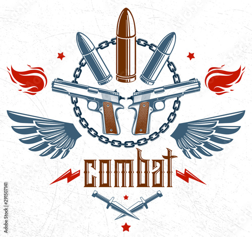 Bullets and guns vector emblem of Revolution and War, logo or tattoo with lots of different design elements, anarchy and chaos concept, criminal and gangster style, social tension theme.
