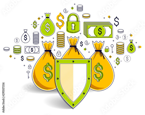 Shield over money bags, savings insurance, safe business, financial protection concept, investments credits and deposit banking idea, vector design.