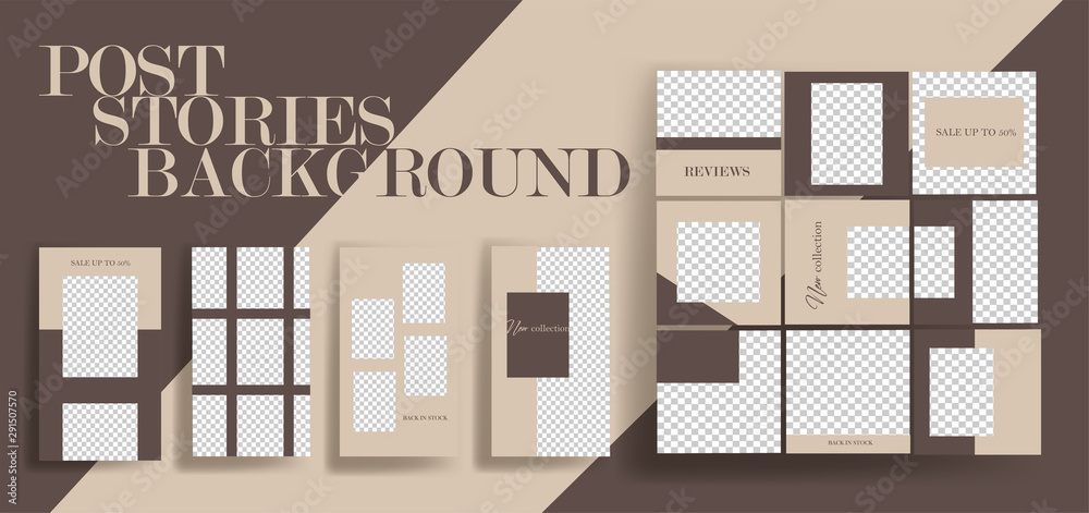  Design backgrounds for social media banner.Set of instagram stories and post frame templates.Vector cover. Mockup for personal blog or shop.Layout for promotion.Endless square puzzle.