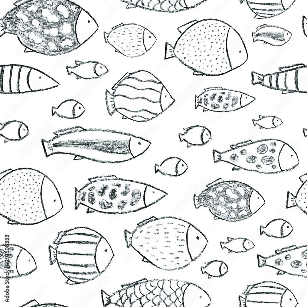 Many fishes swimming in the sea, ocean, aqurium. Seamless pattern. Hand drawn with coal. For fish, sea food restaurant menu, cards, wrapping paper, printing on fabric, shirts, book journal covers.. Many fishes swimming in the sea, ocean, aqurium. Seamless pattern. Hand drawn with coal. For fish, sea food restaurant menu, cards, wrapping paper, printing on fabric, shirts, book journal covers..