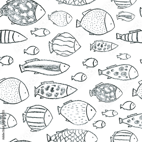 Many fishes swimming in the sea, ocean, aqurium. Seamless pattern. Hand drawn with coal. For fish, sea food restaurant menu, cards, wrapping paper, printing on fabric, shirts, book journal covers..
