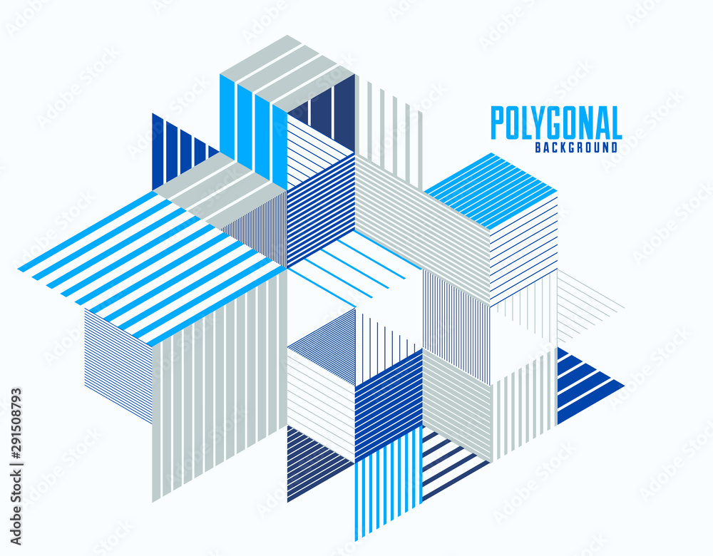 Abstract polygonal background with stripy triangles and 3D cubes vector design. Template for different advertising or covers or banners. Retro style graphic element.