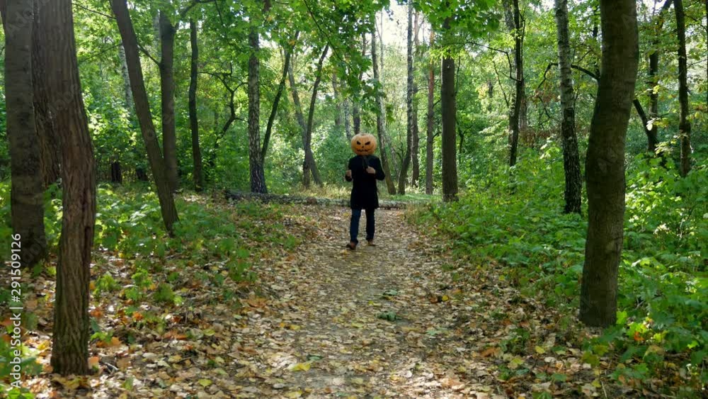 Halloween. A crazy and cheerful man with a pumpkin on his head walks with a knife in the autumn forest. Throws a knife from hand to hand. 4k. Halloween. A crazy and cheerful man with a pumpkin on his head walks with a knife in the autumn forest. Throws a knife from hand to hand. 4k.