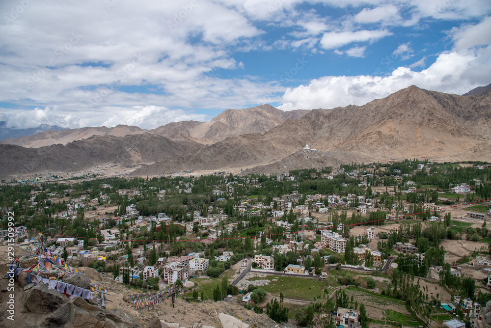 Landscape view of Leh Ladakh city in India, beautiful and famous place with Himalay snow mountain for travel.