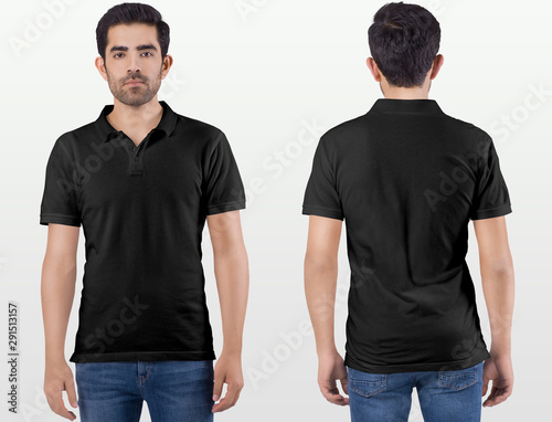 Front and rear view of male model wearing black plain polo t shirt in blue denim jeans pant. Isolated background