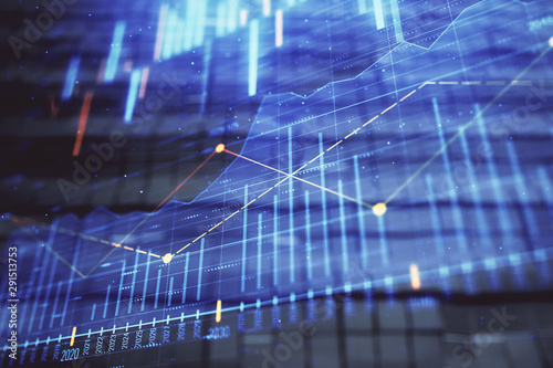 Financial chart hologram with abstract background. Double exposure. Concept of market analysis