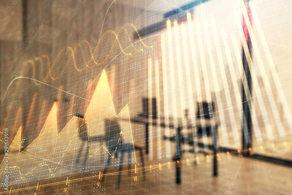Business theme graph hologram with minimalistic cabinet interior background. Double exposure. Stock market concept. Business theme graph hologram with minimalistic cabinet interior background. Double exposure. Stock market concept.
