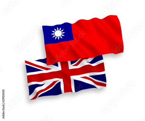 National vector fabric wave flags of Great Britain and Taiwan isolated on white background. 1 to 2 proportion.