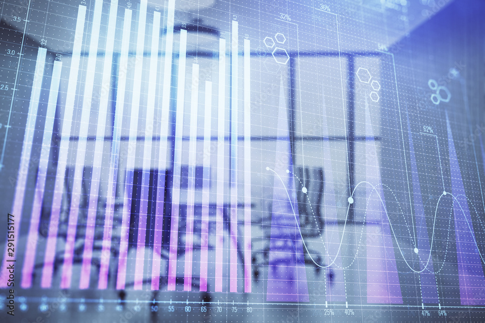 Multi exposure of stock market graph on conference room background. Concept of financial analysis Multi exposure of stock market graph on conference room background. Concept of financial analysis
