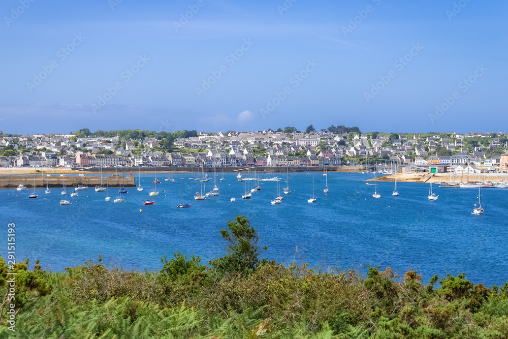 Camaret-sur-Mer, panorama of the harbor with typical houses and boats, the chapel and the Vauban tower, beautiful french city in Brittany