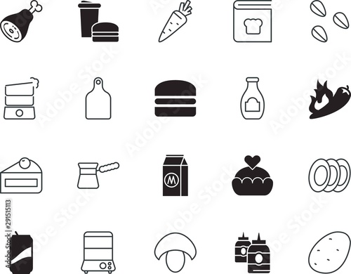 food vector icon set such as: collection, fruit, alcohol, hat, service, bakery, barbecue, burn, east, cezve, refreshment, round, icing, beef, box, meat, cutting, brown, dieting, valentine, bone