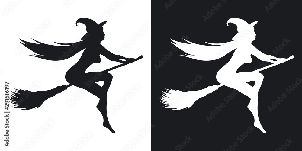 Fototapeta premium Silhouette of a sexy witch who flies on a broomstick, halloween illustration. Vector icon on black and white background