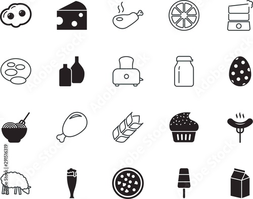 food vector icon set such as: sandwich, paper, candle, pepperoni, crop, beauty, pastry, cooker, character, mug, home, pizza, plant, wurst, ball, barley, package, fried, household, cake, chocolate
