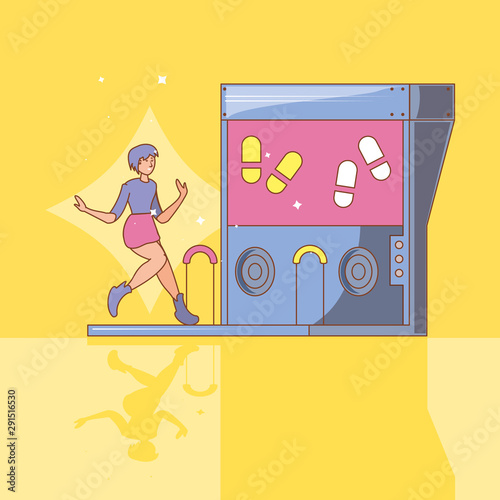 woman in video game console of coins with dancing steps
