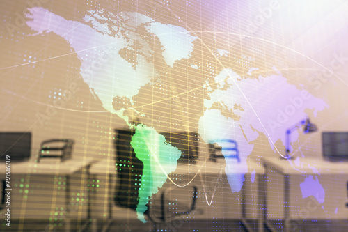 World map with trading desk bank office interior on background. Multi exposure. Concept of international finance