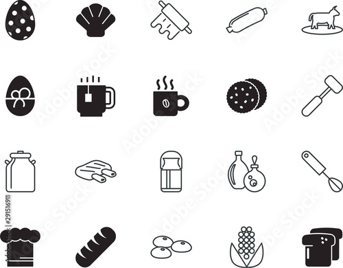 food vector icon set such as: wings, shell, butcher, party, herbal, calf, image, cereal, male, oyster, ocean, mug, veal, popcorn, rolling, dough, tenderize, mixer, fabrication, tea, steel, market