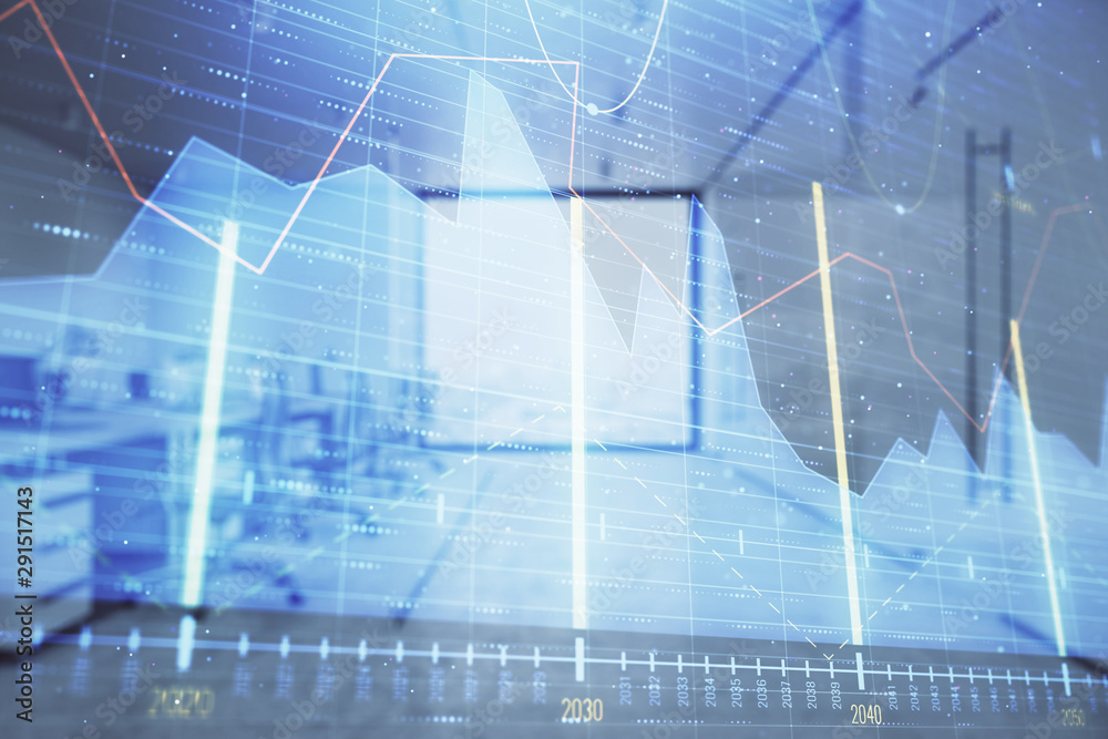 Stock market chart with trading desk bank office interior on background. Double exposure. Concept of financial analysis Stock market chart with trading desk bank office interior on background. Double exposure. Concept of financial analysis