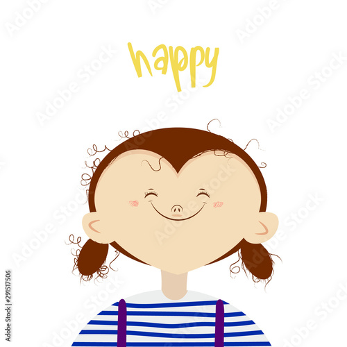 vector cute illustration of a smiling curly girl augmented with Happy sign.