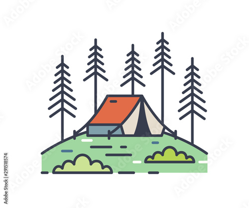 Camping tent in pine woods outline illustration