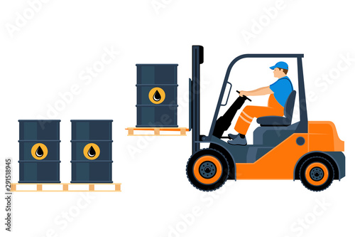Transportation of goods by forklift. A man on a forklift is transporting oil barrels. Worker in uniform. Vector illustration isolated on white background