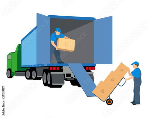 The two men in the Moving service load boxes in a truck. Worker in uniform. Vector illustration isolated on white background