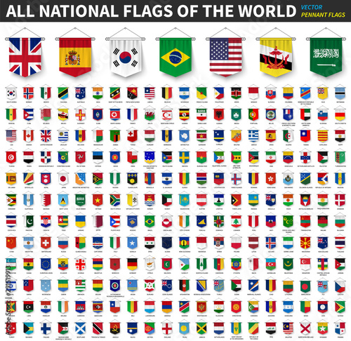 All national flags of the world . 3D realistic pennant hanging design . White isolated background . Vector .