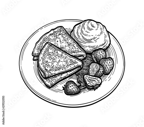 Ink sketch of blini with sour cream