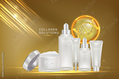 Beauty product ad design, white cosmetic containers with collagen solution advertising background ready to use, luxury skin care banner, illustration vector. 