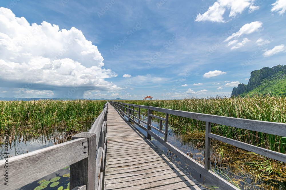 Wooden bridge over a lake with blue sky in Sam Roi Yod National Park, Prachuap Khiri Khan, Thailand