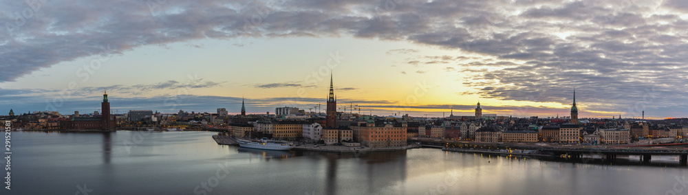 Stockholm Sweden, panorama sunrise city skyline at Gamla Stan and Slussen