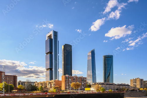 Madrid Spain, city skyline at financial district center with four towers