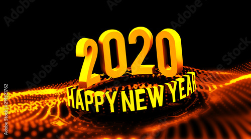 Congratulations on the New Year 2020 in technostyle. Rounded 3D text with HUD elements. Big data. illustration photo
