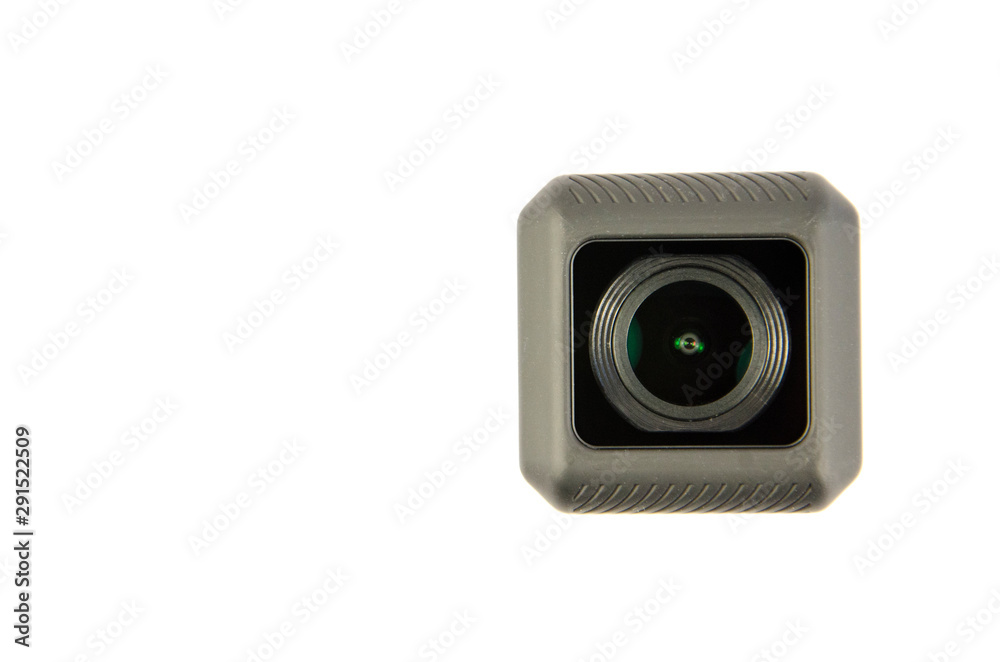 macro high key photo or photography of a boxed little action cam with 4K capabilitys for freestyle or racing drones