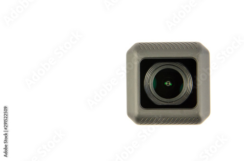 macro high key photo or photography of a boxed little action cam with 4K capabilitys for freestyle or racing drones