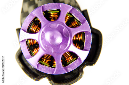 closeup macro photo of a brushless motor from a drone or quadcopter. motor of a race or freestyle drone