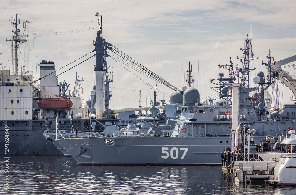 Kronstadt / Russia - 14/07/2018 Ships: stand in the harbor in the city Kronstadt / Russia - 14/07/2018 Ships: stand in the harbor in the city