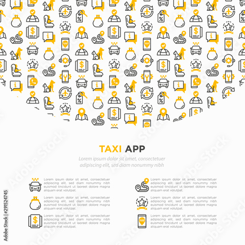 Taxi app concept with thin line icons: payment method, promocode, app settings, info, support service, phone number, route, destination, airport transfer, baby seat. Vector illustration.