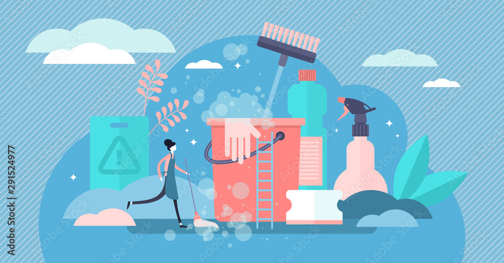 Cleaning vector illustration. Flat tiny dust dirt washing persons concept. - obrazy, fototapety, plakaty 