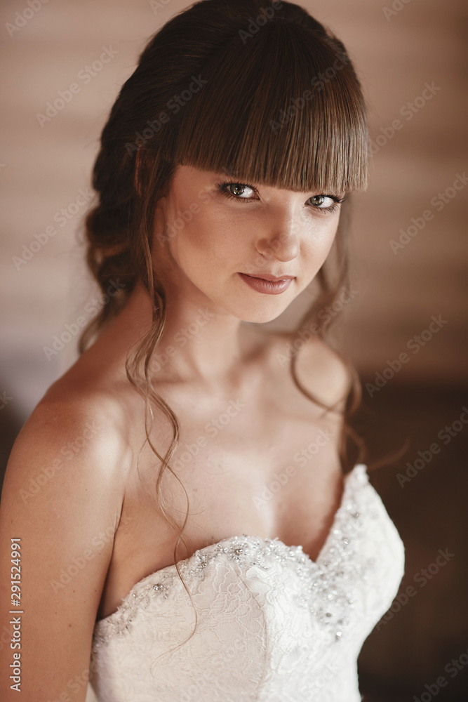 Portrait of a beautiful young woman. Makeup and hairstyle in bride. Close up. Wedding morning. Gentle, Tender emotion on the face