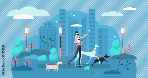 Dog walking vector illustration. Flat tiny pet care exercise person concept