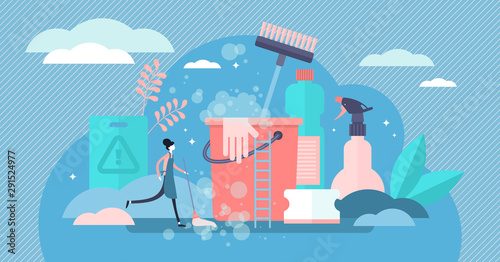 Cleaning vector illustration. Flat tiny dust dirt washing persons concept.