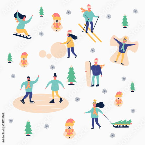 Happy winter people characters skating, skiing, sledding on Christmas holiday. Man with snowboard, woman making a snowman.
