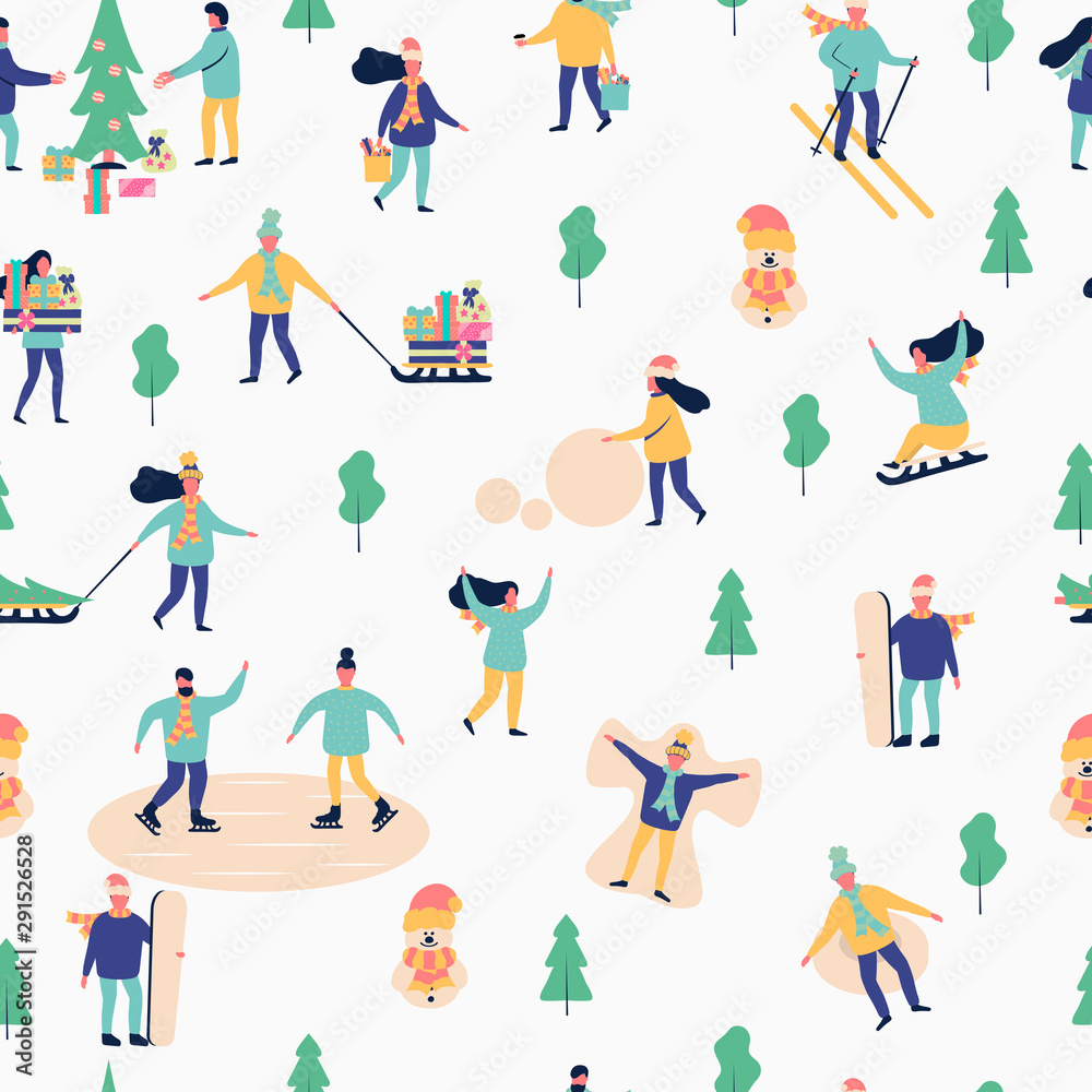 Winter holiday seamless pattern with people skating, skiing, sledding in the park. Women and men with gifts for holiday. 