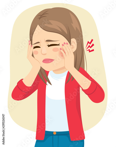 Young teenager woman in pain suffering toothache caries health problem